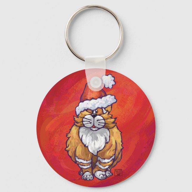Ginger Cat Christmas On Red Key Ring (Front)