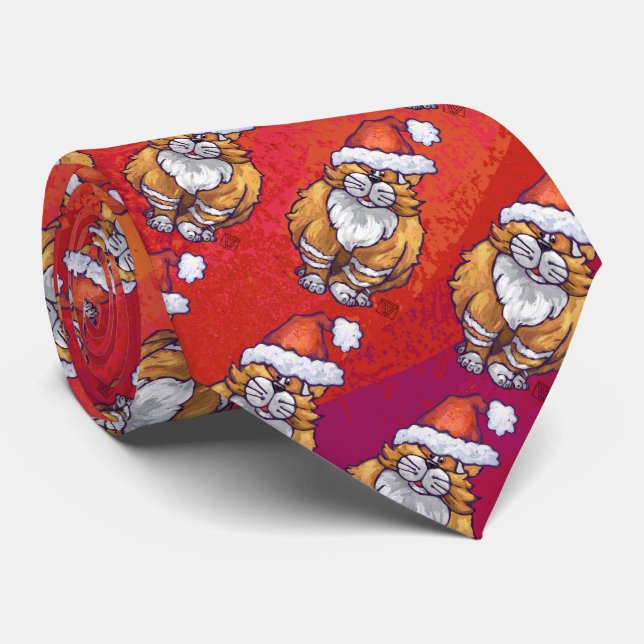 Ginger Cat Christmas On Red Tie (Rolled)
