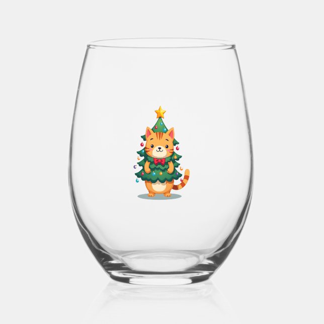 Ginger Cat Christmas Tree Cute Xmas 2 Stemless Wine Glass (Front)