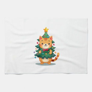 Ginger Cat Christmas Tree Cute Xmas 2 Tea Towel