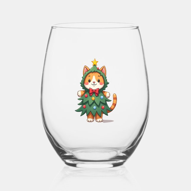 Ginger Cat Christmas Tree Cute Xmas 3 Stemless Wine Glass (Front)