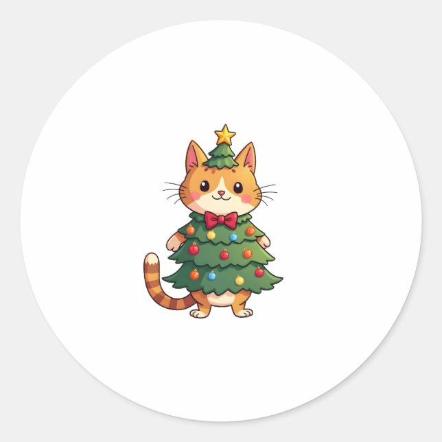 Ginger Cat Christmas Tree Cute Xmas 4 Classic Round Sticker (Front)