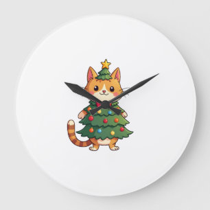 Ginger Cat Christmas Tree Cute Xmas 4 Large Clock