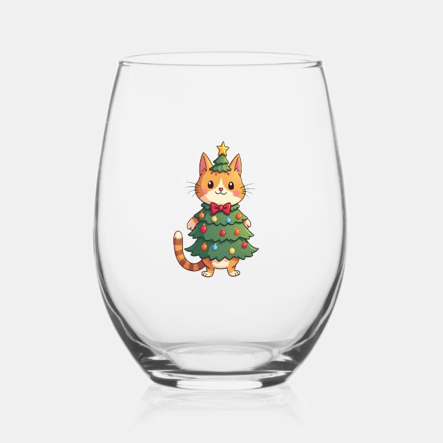 Ginger Cat Christmas Tree Cute Xmas 4 Stemless Wine Glass (Front)