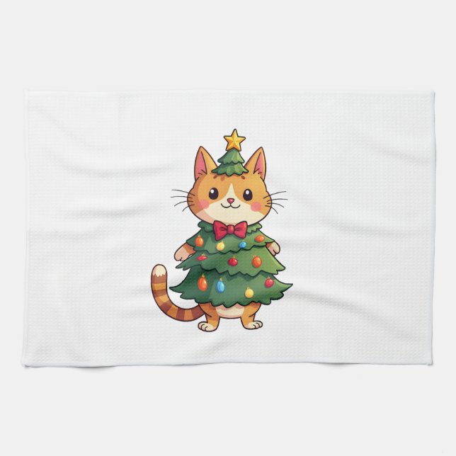 Ginger Cat Christmas Tree Cute Xmas 4 Tea Towel (Horizontal)