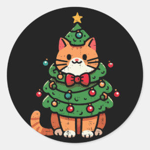 Ginger Cat Christmas Tree Cute Xmas Girls Kids Tod Classic Round Sticker
