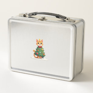 Ginger Cat Christmas Tree Cute Xmas Girls Kids Tod Metal Lunch Box