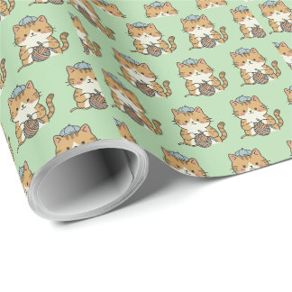 Ginger Cat Crochet Yarn Ball Green Aesthetic Piece Wrapping Paper
