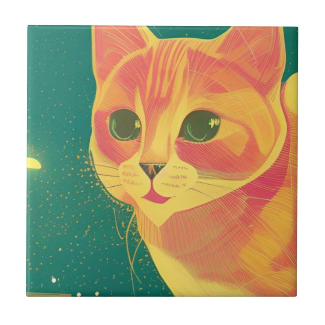 Ginger cat illustration perspective art kitty  ceramic tile (Front)