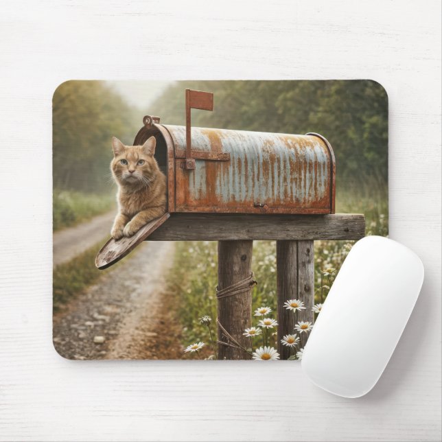 Ginger Cat In a Rusty Mailbox Mouse Pad (With Mouse)