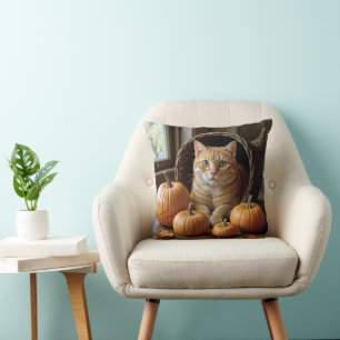 Ginger Cat In a Thanksgiving Cornucopia Cushion