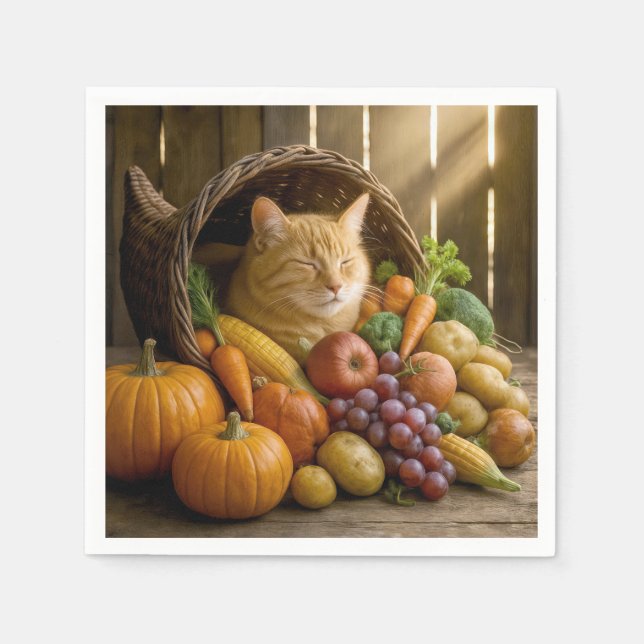 Ginger Cat In a Thanksgiving Cornucopia Napkin (Front)
