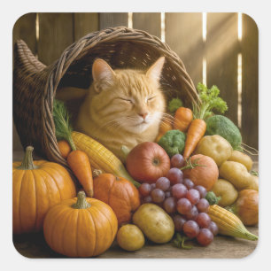 Ginger Cat In a Thanksgiving Cornucopia Square Sticker
