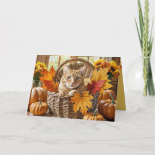 Ginger Cat in Autumn Basket Birthday Card