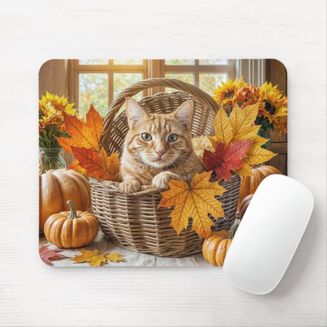 Ginger Cat in Autumn Basket Mouse Pad (With Mouse)