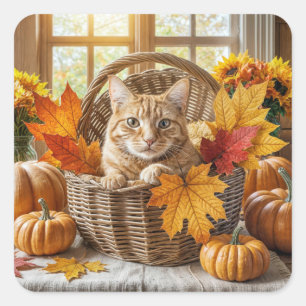 Ginger Cat in Autumn Basket Square Sticker