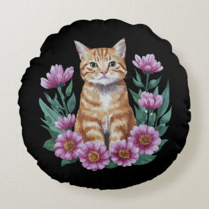 Ginger cat in flowers round cushion
