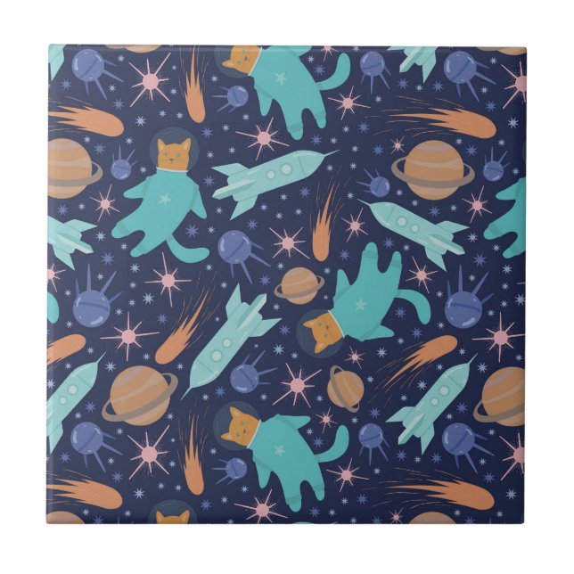 Ginger cat in space galaxy adventure ceramic tile (Front)