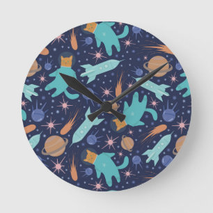 Ginger cat in space galaxy adventure round clock