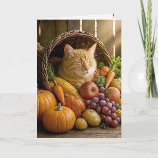 Ginger Cat in Thanksgiving Cornucopia Holiday Card (Front)