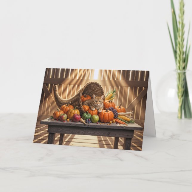 Ginger Cat in Thanksgiving Cornucopia Holiday Card (Front)