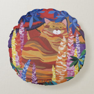 Ginger Cat in the Garden Round Cushion