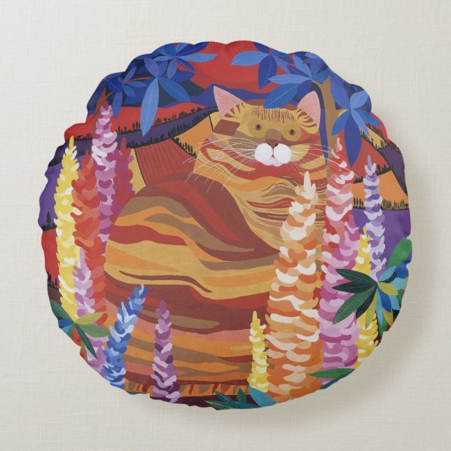 Ginger Cat in the Garden Round Cushion (Front)