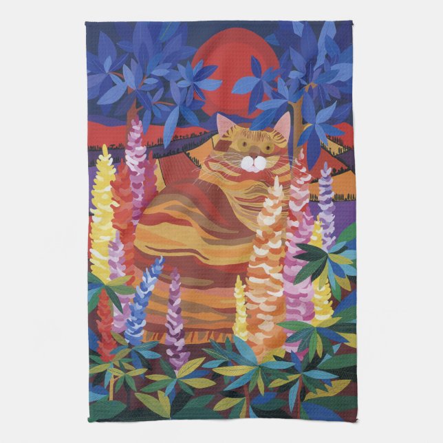 Ginger Cat in the Garden Tea Towel (Vertical)
