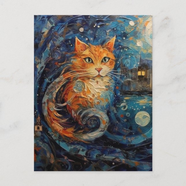 Ginger Cat in the Style of Van Gogh AI Art Postcard (Front)