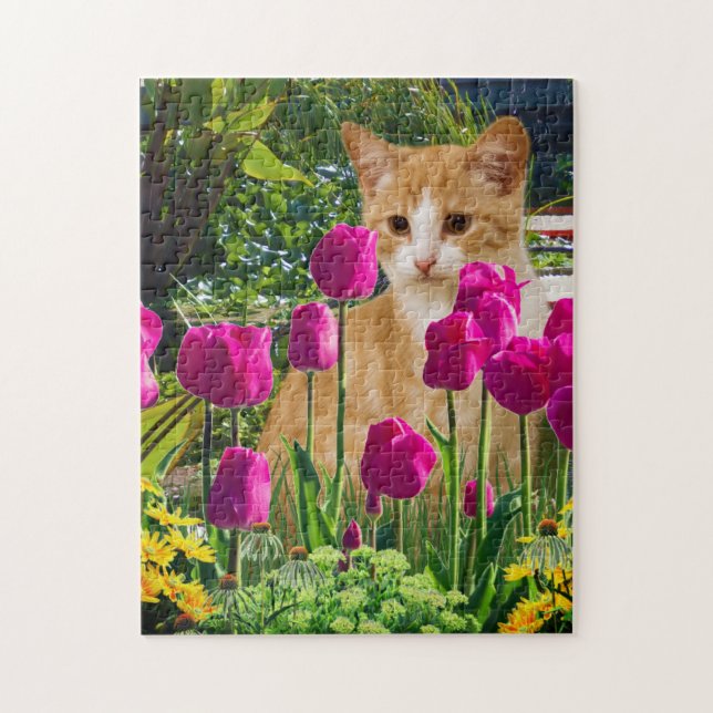 Ginger Cat in Tulip Garden Jigsaw Puzzle (Vertical)