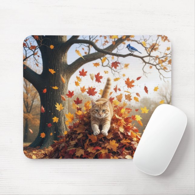 Ginger Cat Leaping Out of Autumn Leaf Pile Mouse Pad (With Mouse)