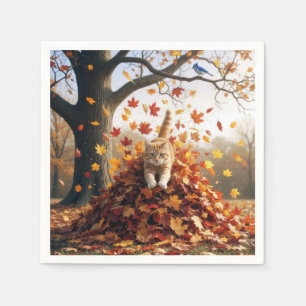 Ginger Cat Leaping Out of Autumn Leaf Pile Napkin