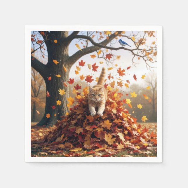 Ginger Cat Leaping Out of Autumn Leaf Pile Napkin (Front)