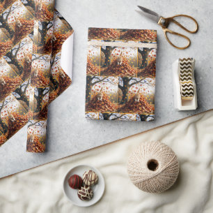 Ginger Cat Leaping Out of Autumn Leaf Pile Wrapping Paper