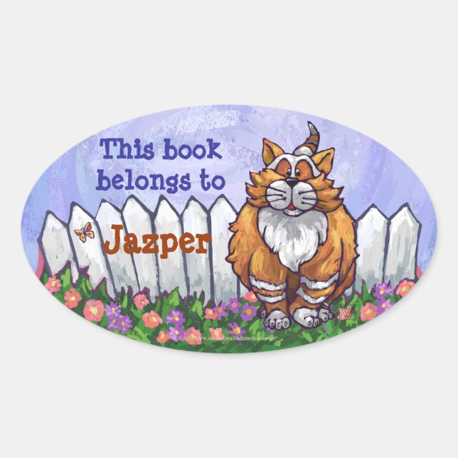 Ginger Cat Library Bookplate Oval Sticker (Front)