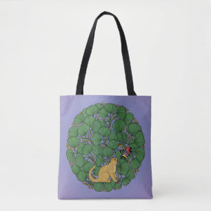 Ginger cat looks at a butterfly tote bag