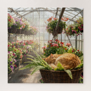 Ginger Cat Napping in Hanging Fern Basket Jigsaw Puzzle