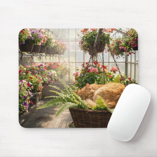 Ginger Cat Napping in Hanging Fern Basket Mouse Pad (With Mouse)