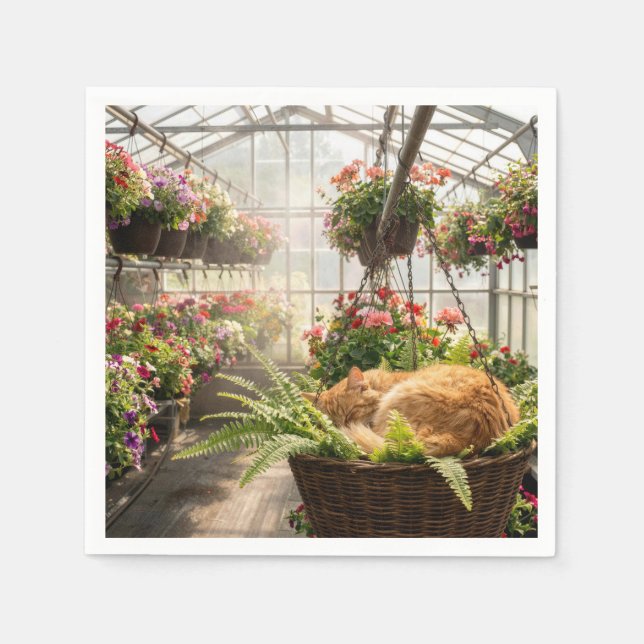 Ginger Cat Napping in Hanging Fern Basket Napkin (Front)