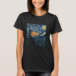 Ginger Cat on a Tree Branch Van Gogh Starry Night T-Shirt