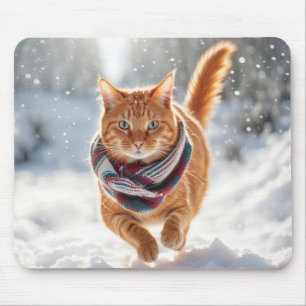 Ginger Cat On Snow Mouse Pad