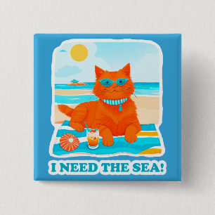 Ginger Cat on the Beach I Need the Sea Summer 15 Cm Square Badge