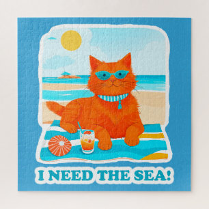 Ginger Cat on the Beach I Need the Sea Summer Jigsaw Puzzle