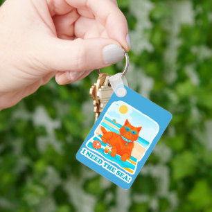 Ginger Cat on the Beach I Need the Sea Summer Key Ring