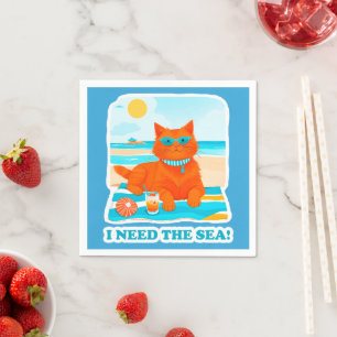 Ginger Cat on the Beach I Need the Sea Summer Napkin