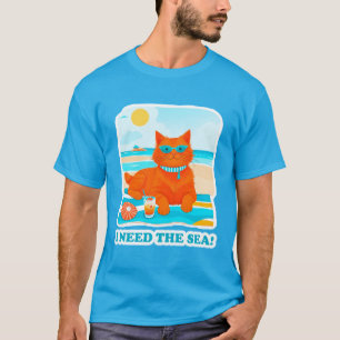 Ginger Cat on the Beach I Need the Sea Summer T-Shirt
