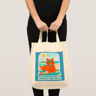 Ginger Cat on the Beach I Need the Sea Summer Tote Bag