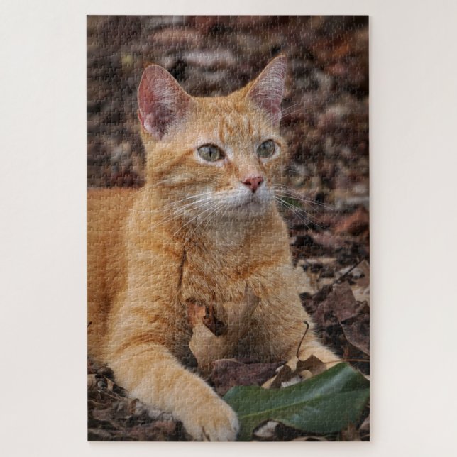 Ginger Cat Outside Fall Autumn Leaves Portrait Jigsaw Puzzle (Vertical)
