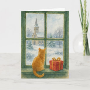 Ginger Cat overlooking a winter's scene Holiday Card