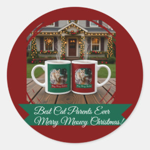 Ginger cat, Photo Text Customize ,Meowy Christmas, Classic Round Sticker